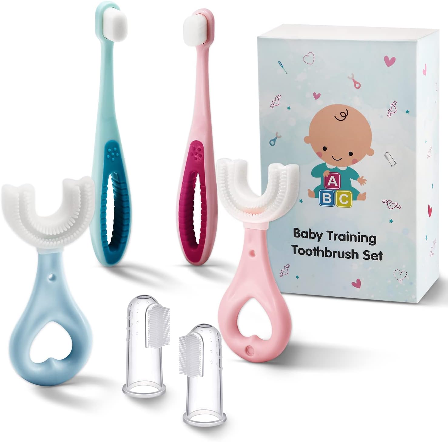 Frerdui 6 in 1 baby training toothbrush set front view showing different stages of infant dental care.