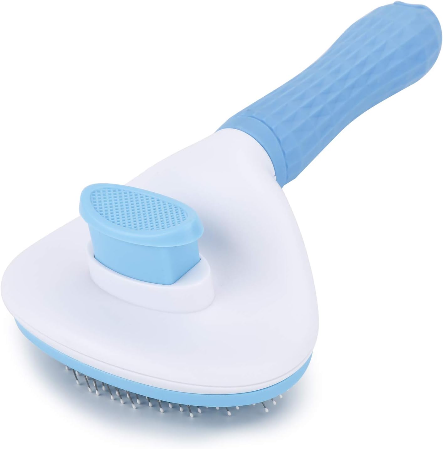 Depets self cleaning slicker brush front view showing the blue ergonomic handle and stainless steel bristles.