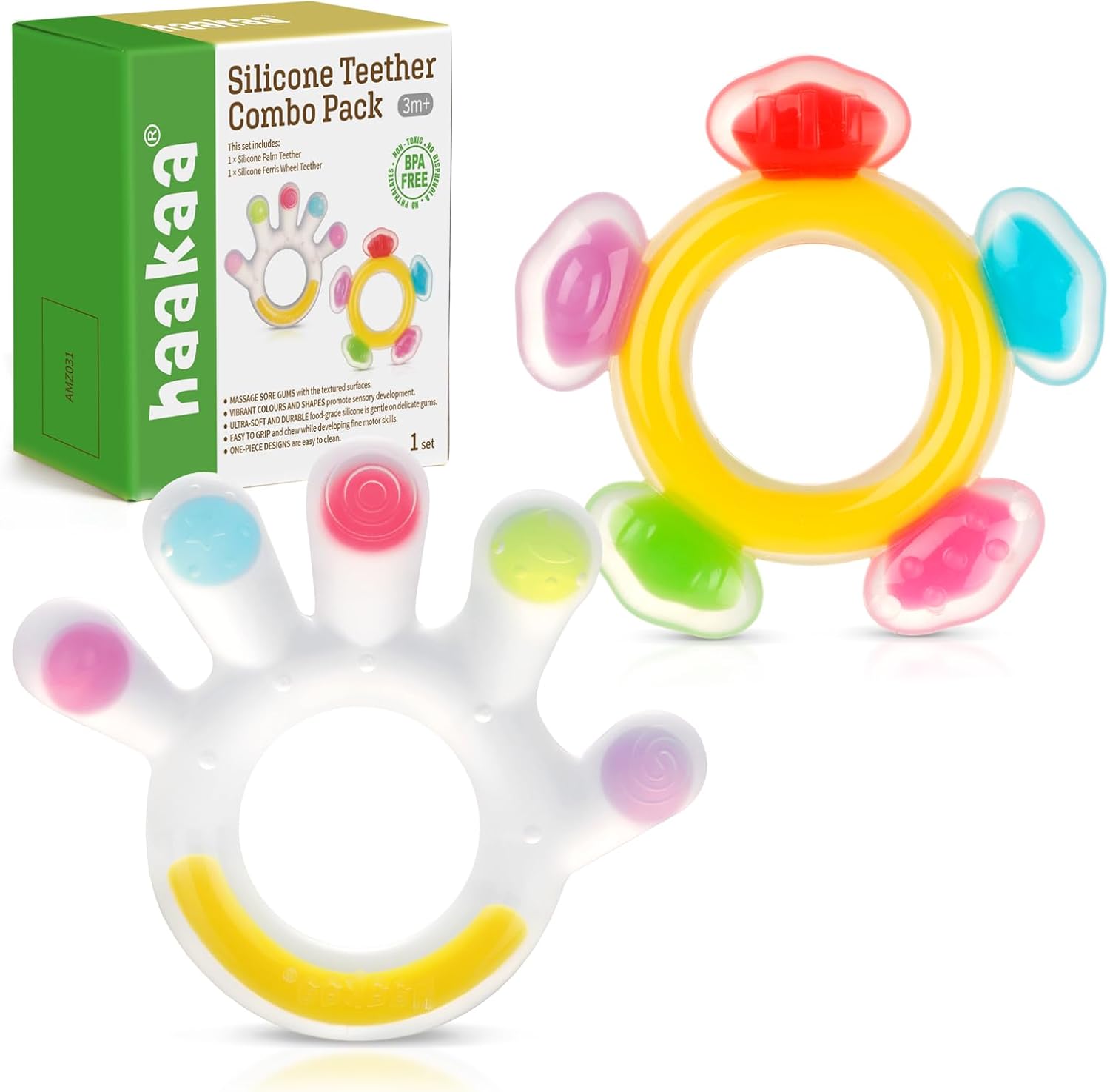 Haakaa Silicone Teether Combo Pack front view showing colorful palm and ferris wheel shapes for baby soothing