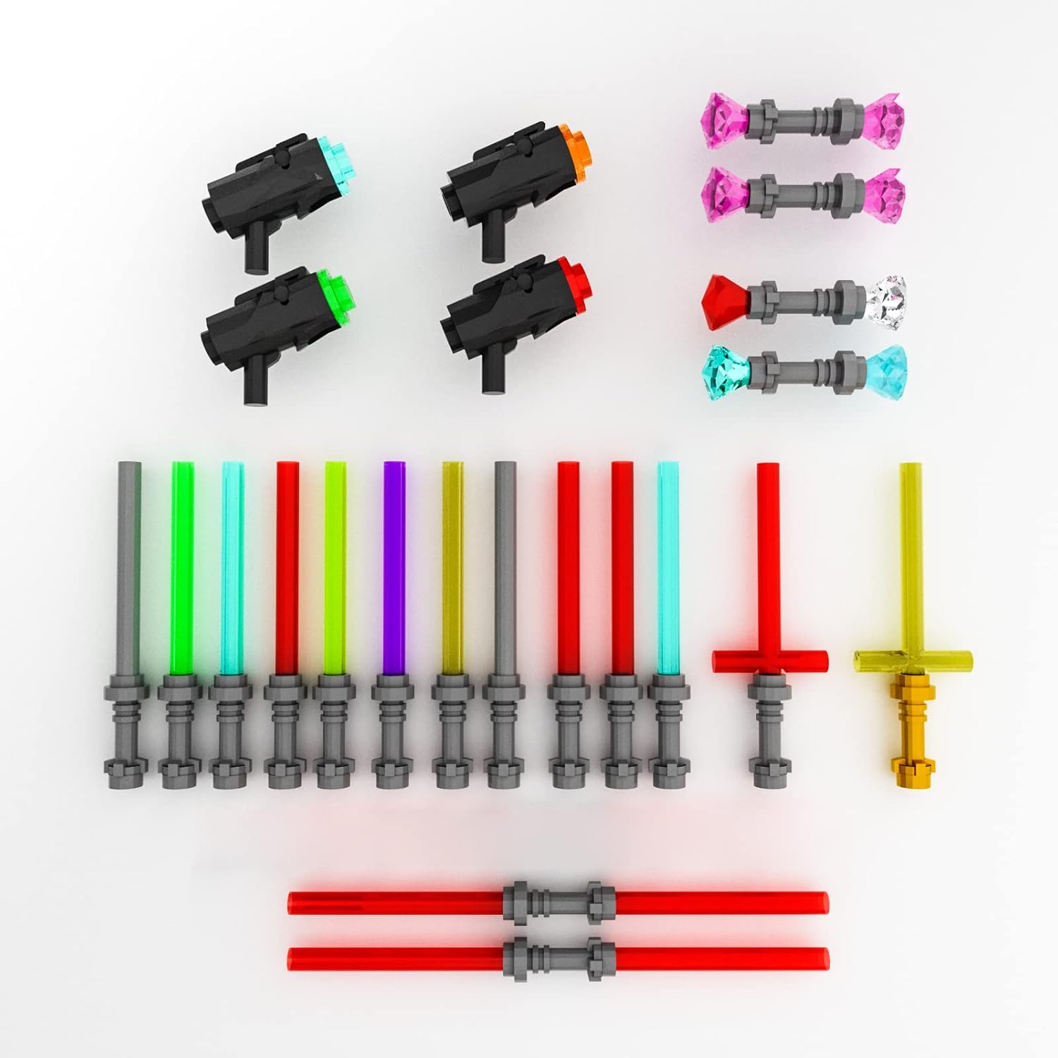 BingBricks 105 piece light sword and blaster accessory set front view