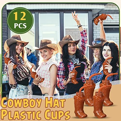 Angle view of brown 10 fluid ounce cowboy boot drinkware set