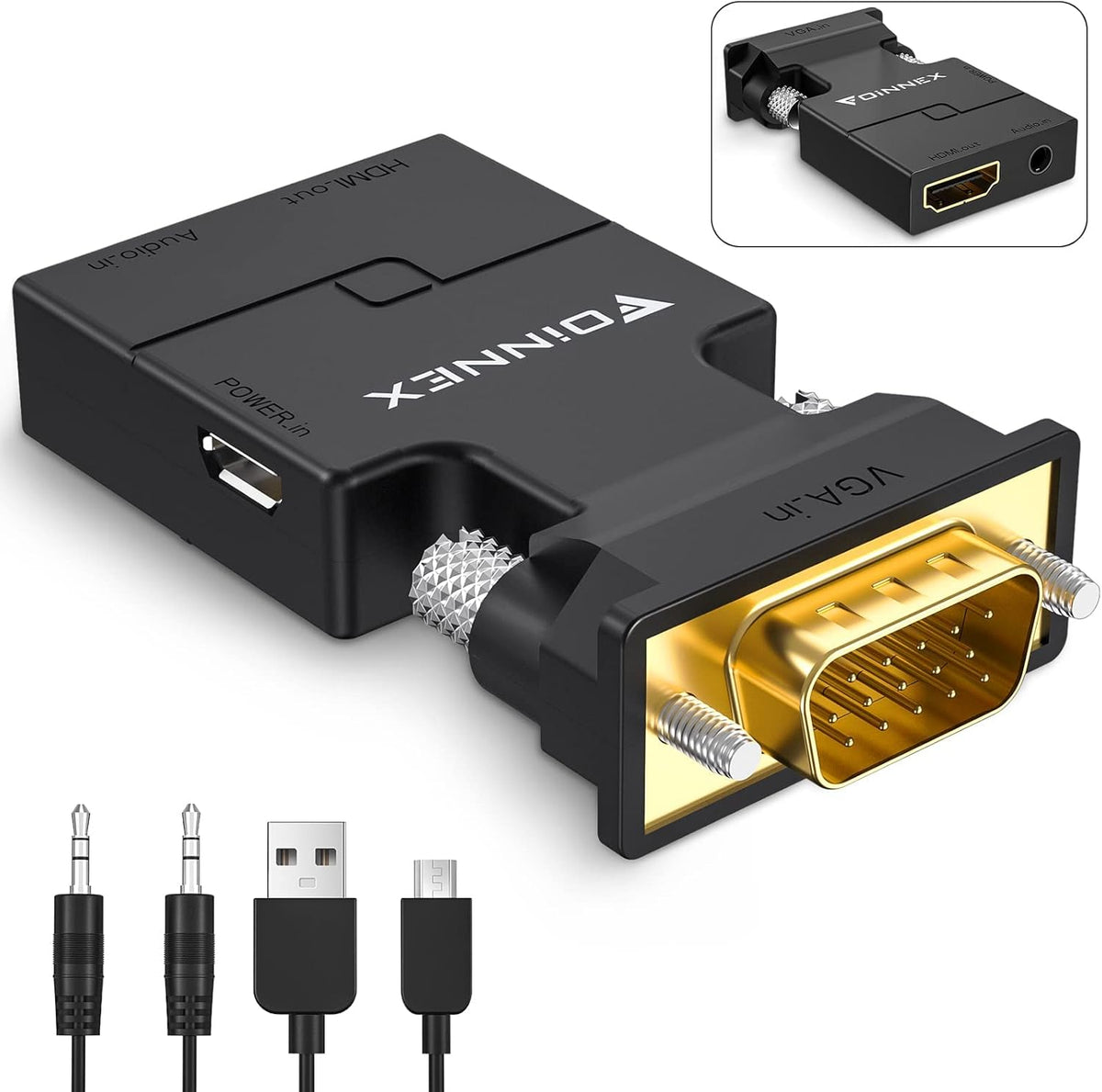 FOINNEX VGA to HDMI adapter front view highlighting the gold plated male connection interface