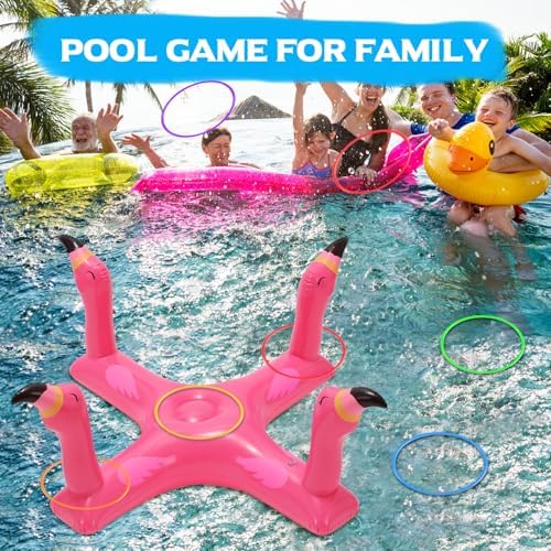 Group of kids playing with inflatable flamingo ring toss toy in water