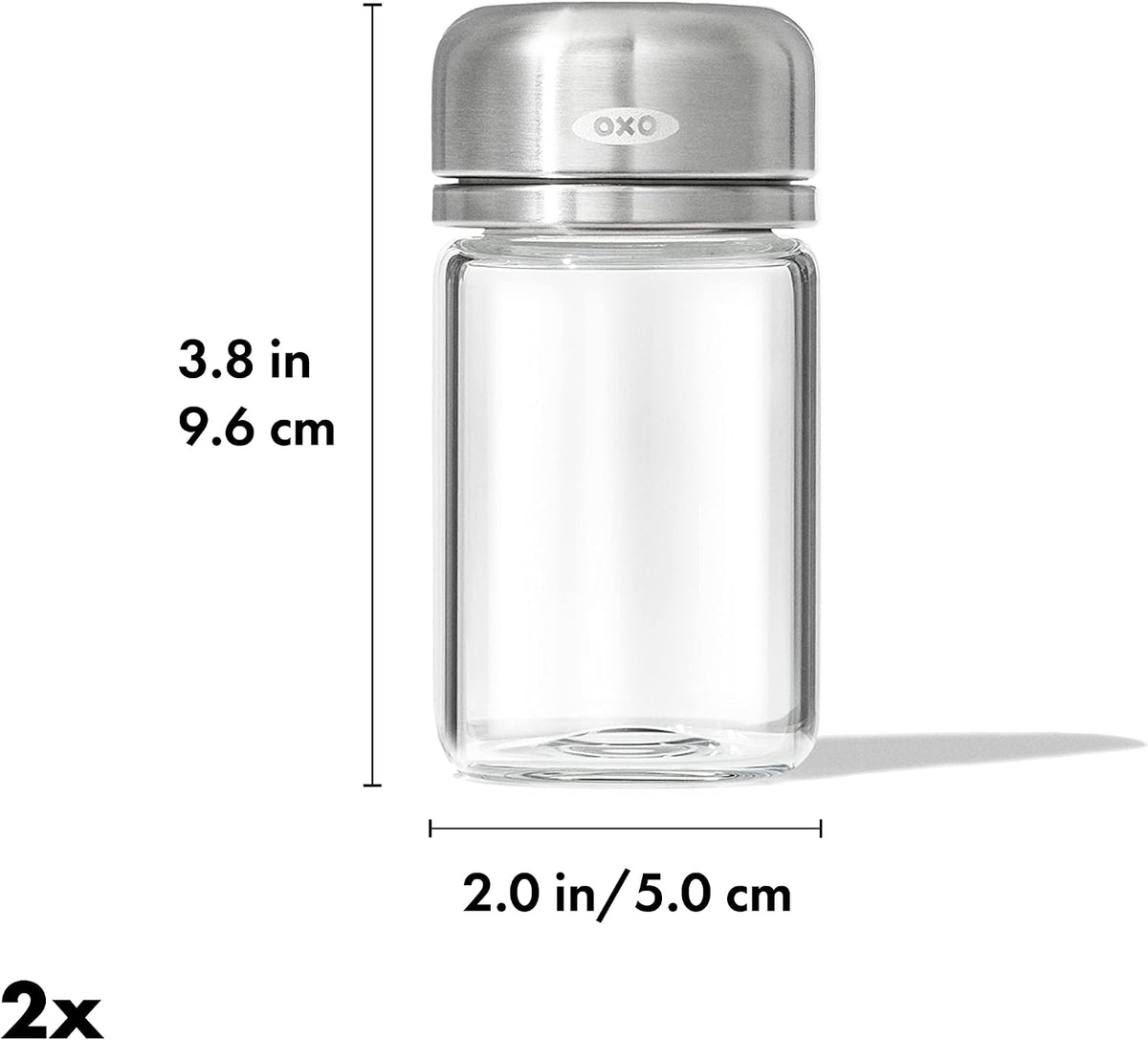 OXO seasoning shaker set showing glass body and stainless steel lid