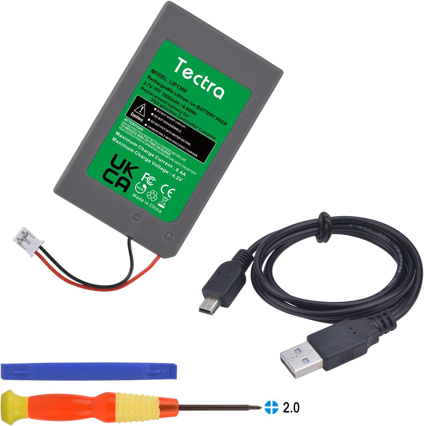 Tectra PS3 controller battery replacement pack front view displaying technical specifications.
