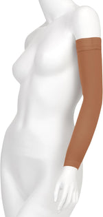 Juzo soft arm sleeve front view showing beige opaque medical compression knit.