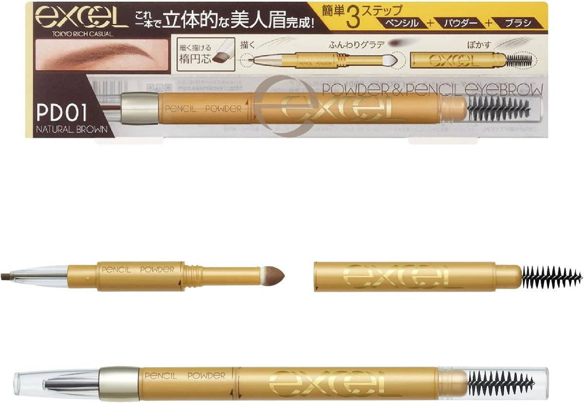 Excel Powder And Pencil Eyebrow PD01 Natural Brown front view packaging