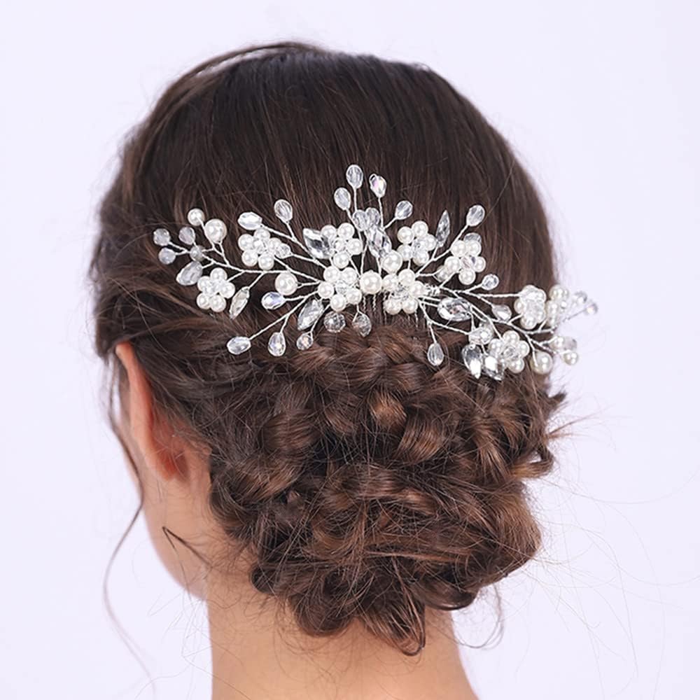 Jumwrit wedding hair comb front view showcasing silver rhinestones and pearls
