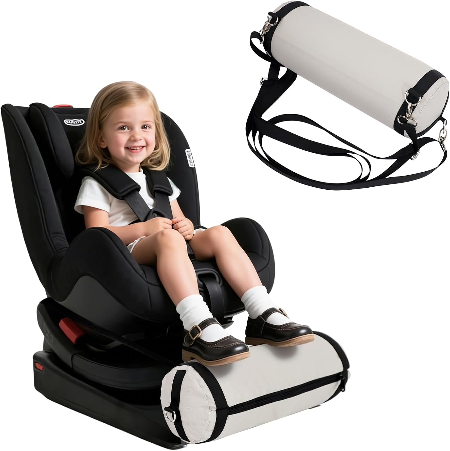 Blublu Park inflatable car seat foot rest for kids front view showing grey washable fabric cover