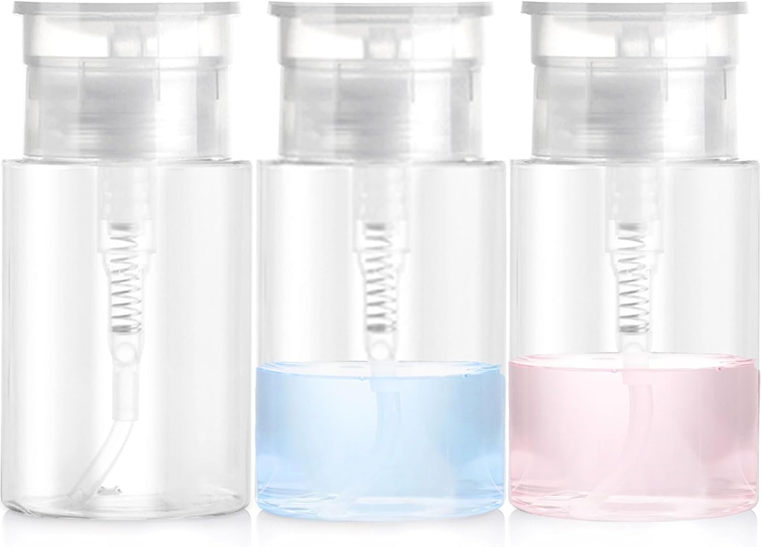 3 Pack Push Down Pump Dispenser with 6 Labels, Empty Push Top Bottles for Nail Polish, Makeup Remover, Micellar Water, Essence, Dish & Facial Toner, 2oz/60ml - Image 1