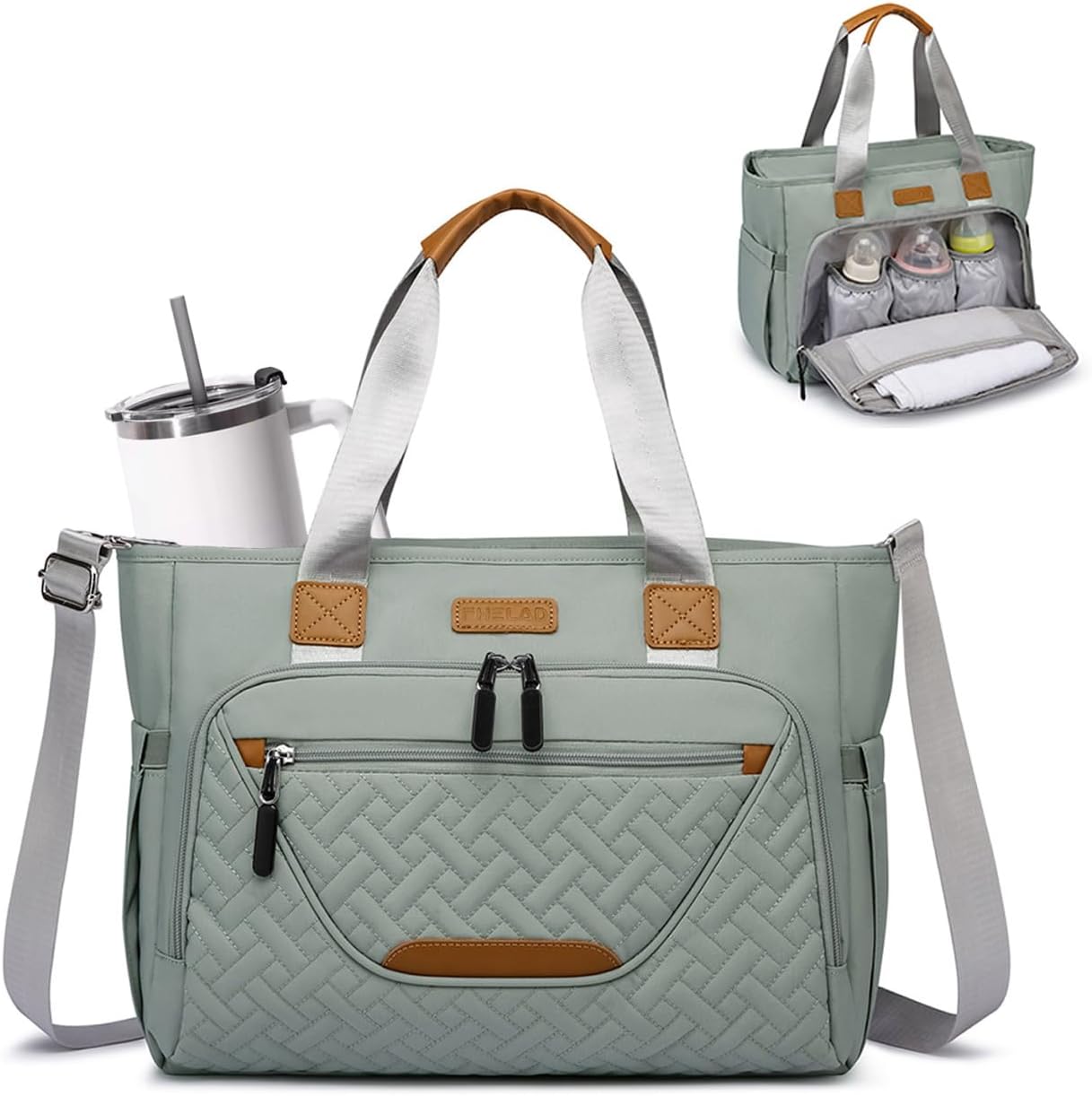 Fhelad Morandi Grey diaper bag tote front view with faux leather accents