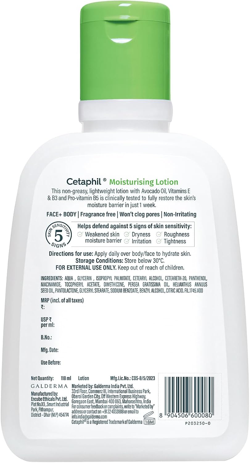 Cetaphil Moisturising Lotion 118 ml for Dry to Normal & Sensitive Skin | 48H Hydration with Niacinamide, Panthenol & Glycerin | Fragrance-Free, Non-Greasy, Dermatologist Recommended, For Face and Body - Image 9