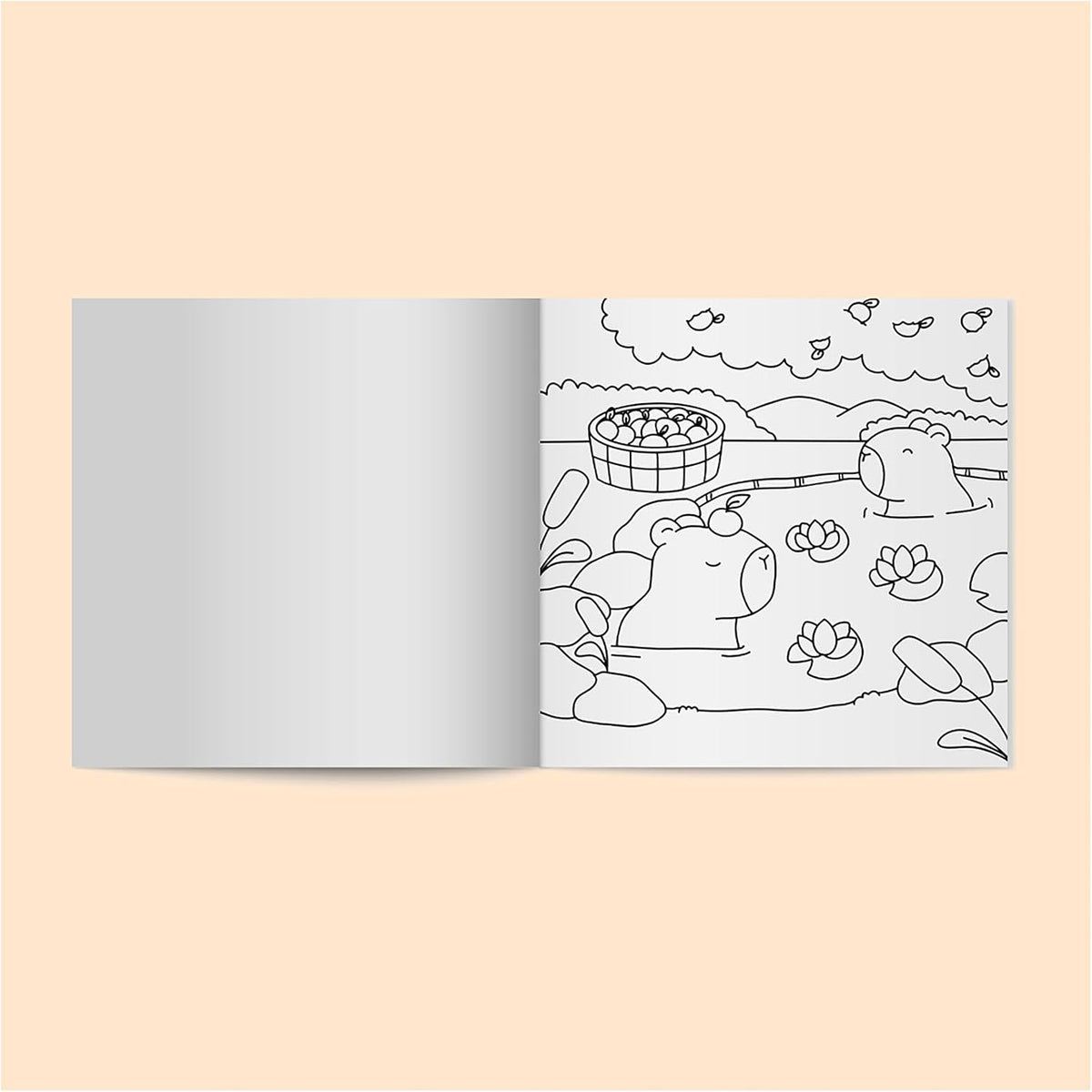 Interior sample page of cute animal illustration from Snug Life colouring book