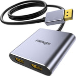 Fairikabe DisplayPort to dual HDMI adapter front view showing metallic space grey finish and dual ports.