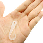 Close-up perspective of the white plastic J-shaped retail hooks showing dimensions.
