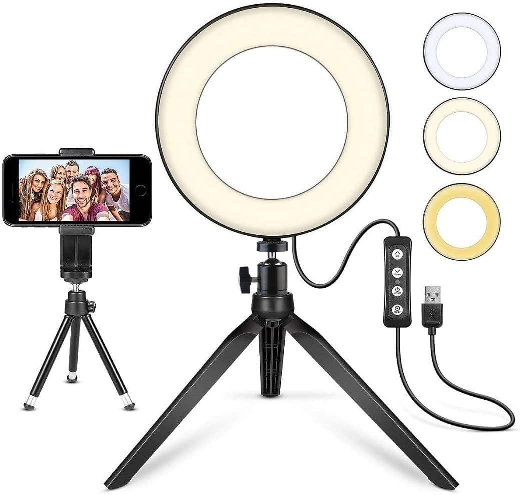 MACTREM LED Ring Light front view illuminated on a desk setup.