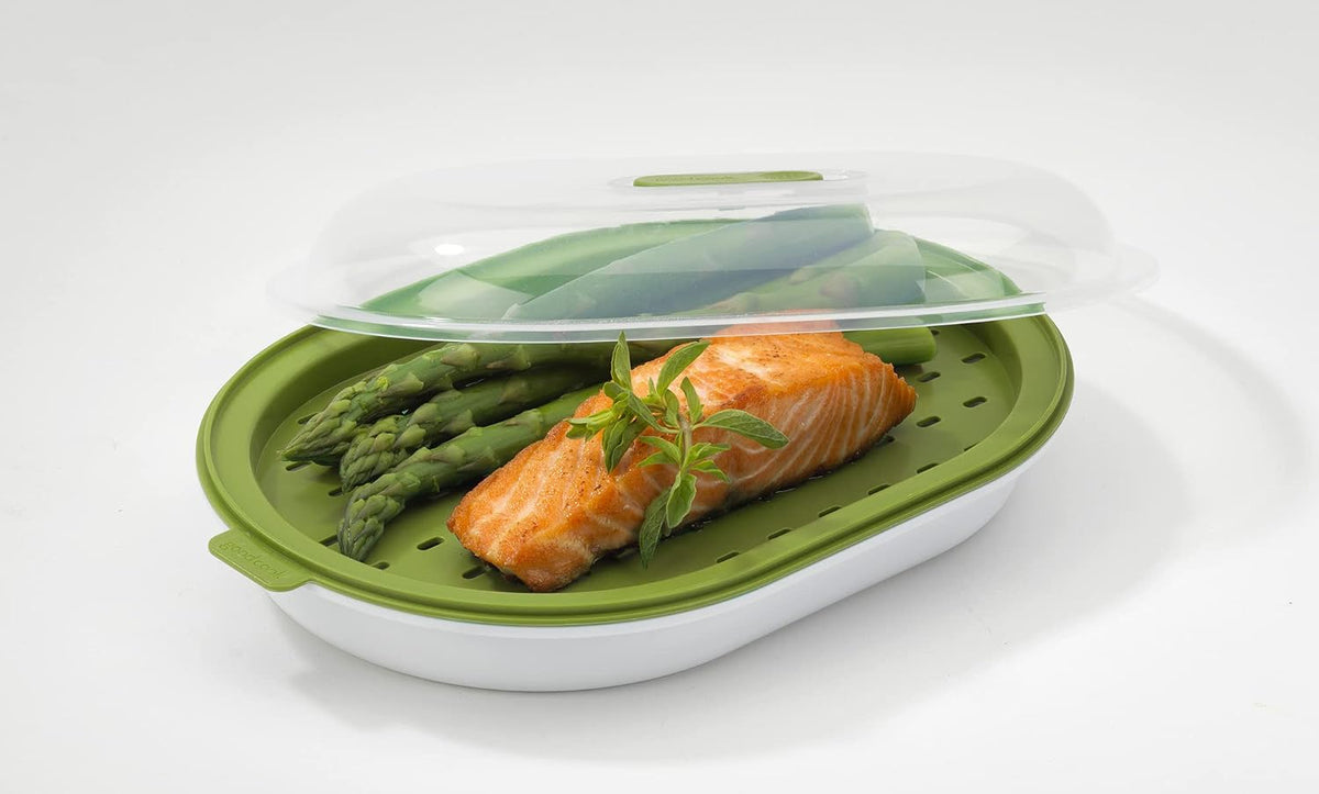 GoodCook microwave steamer showing transparent lid and base
