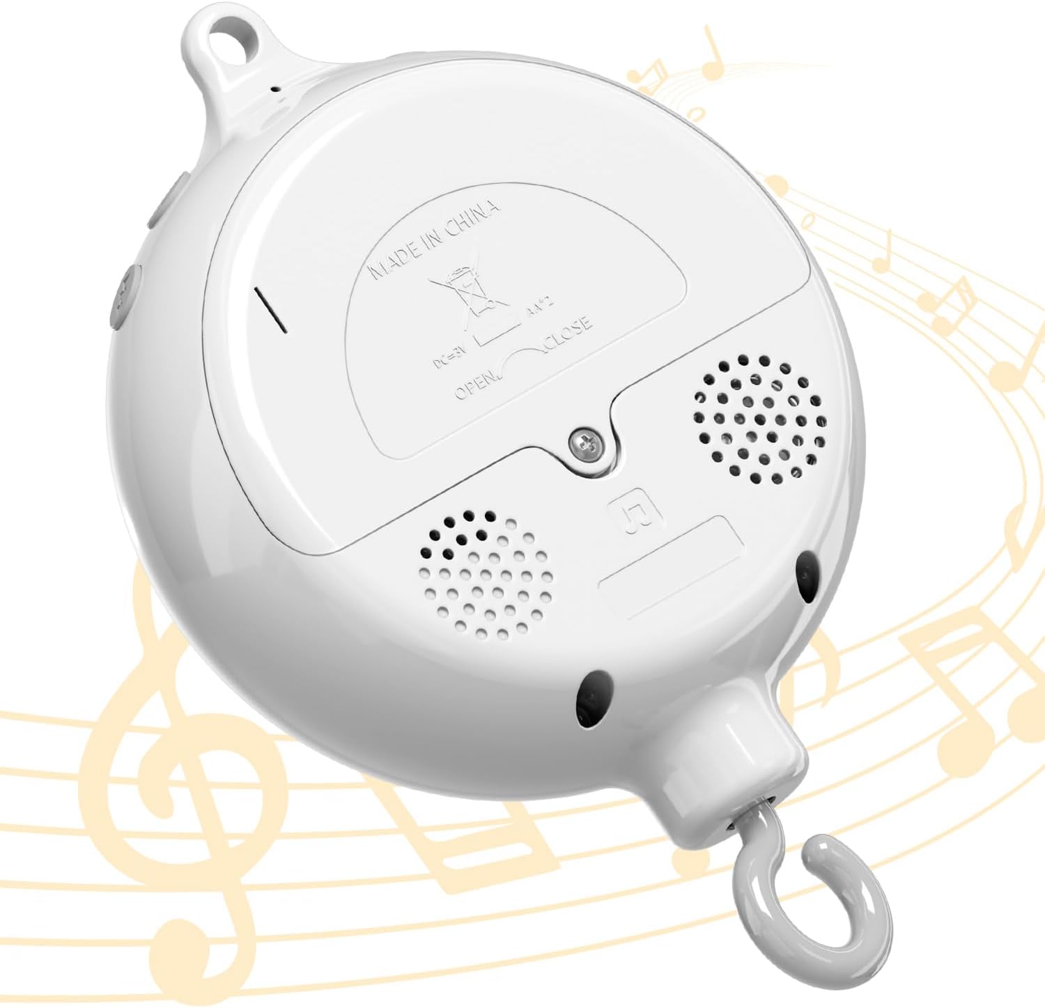 FEISIKE crib mobile motor front view showing the hanging hook and compact design for baby cots