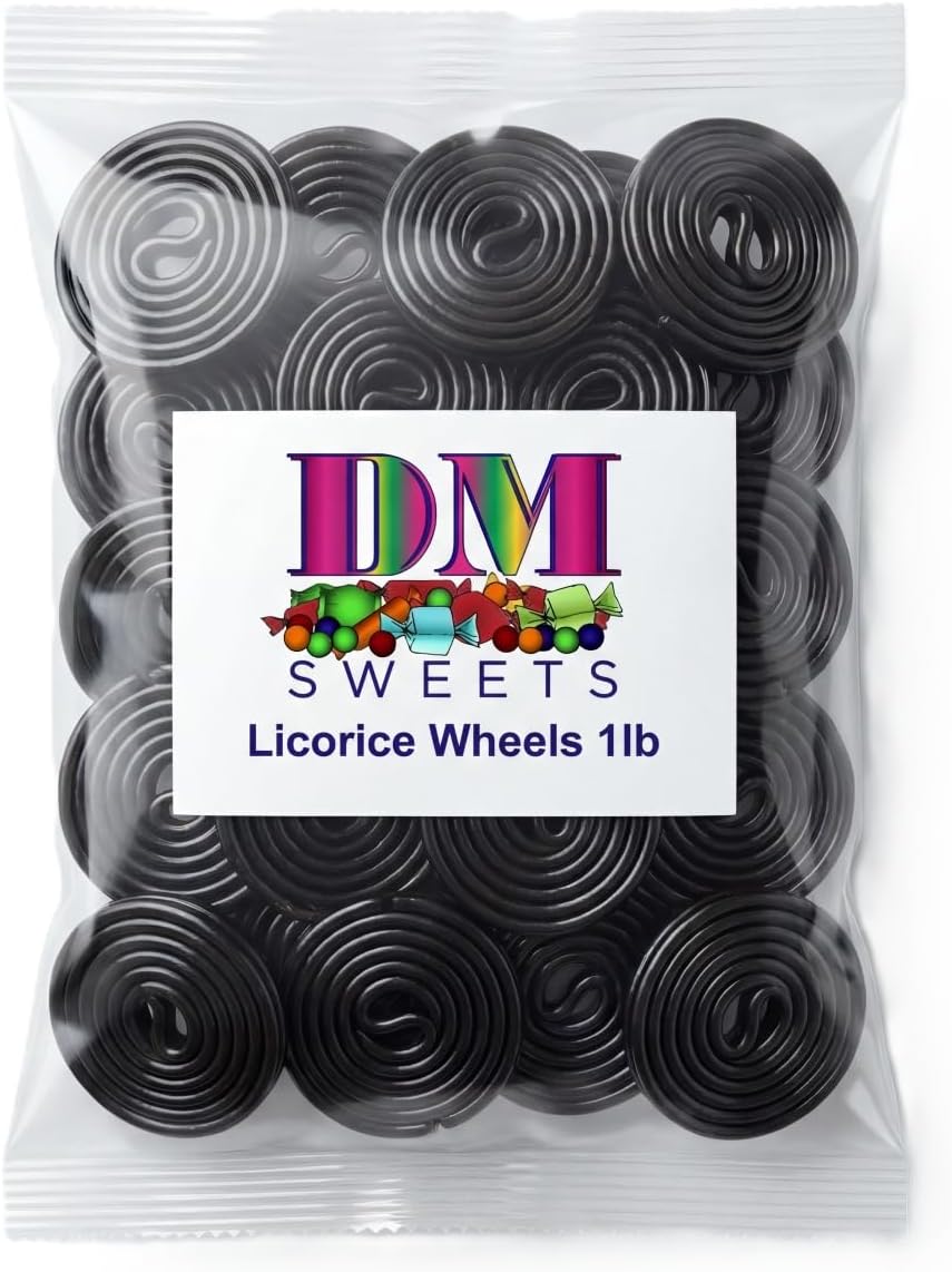 DM Sweets Black Licorice Wheels showcasing the unique spiral shape and glossy dark texture of the retro candy.