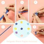 Close up of 18 different styles of lucky star paper strips
