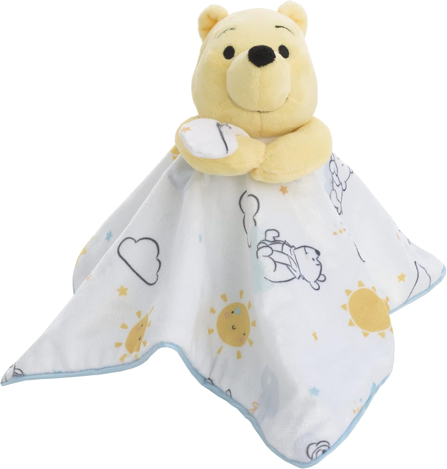 Disney Winnie the Pooh cloud and sun lovey security blanket front view featuring plush character holding soft printed cloth.