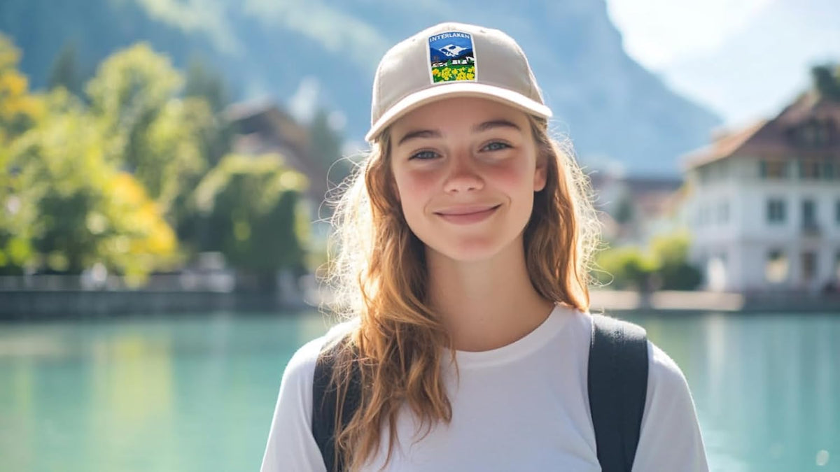 Cute-Patch Switzerland Interlaken travel patch shown on backpack