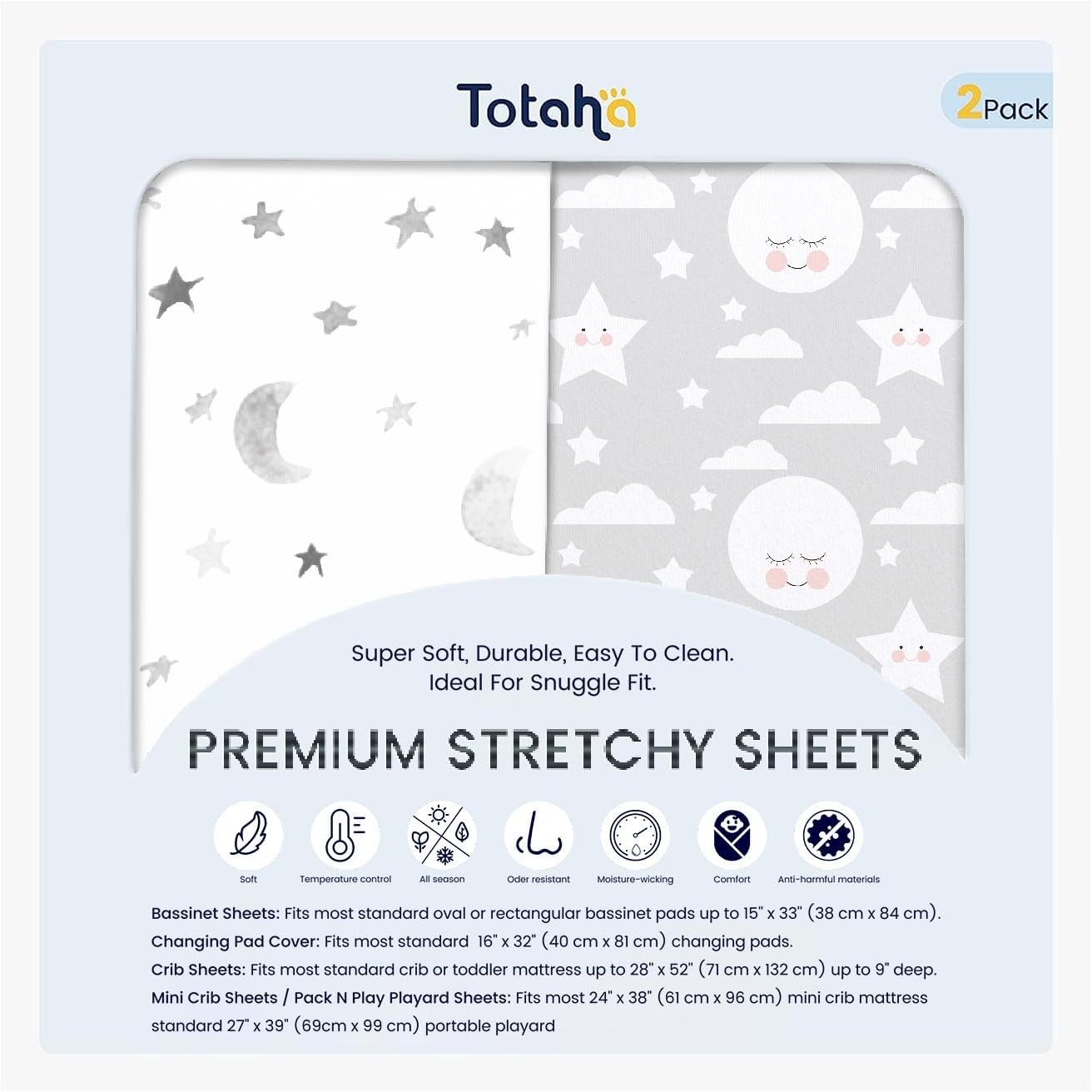 TotAha Premium Soft Pack n Play Sheets front view of the two pack set in moon and grey sky pattern.