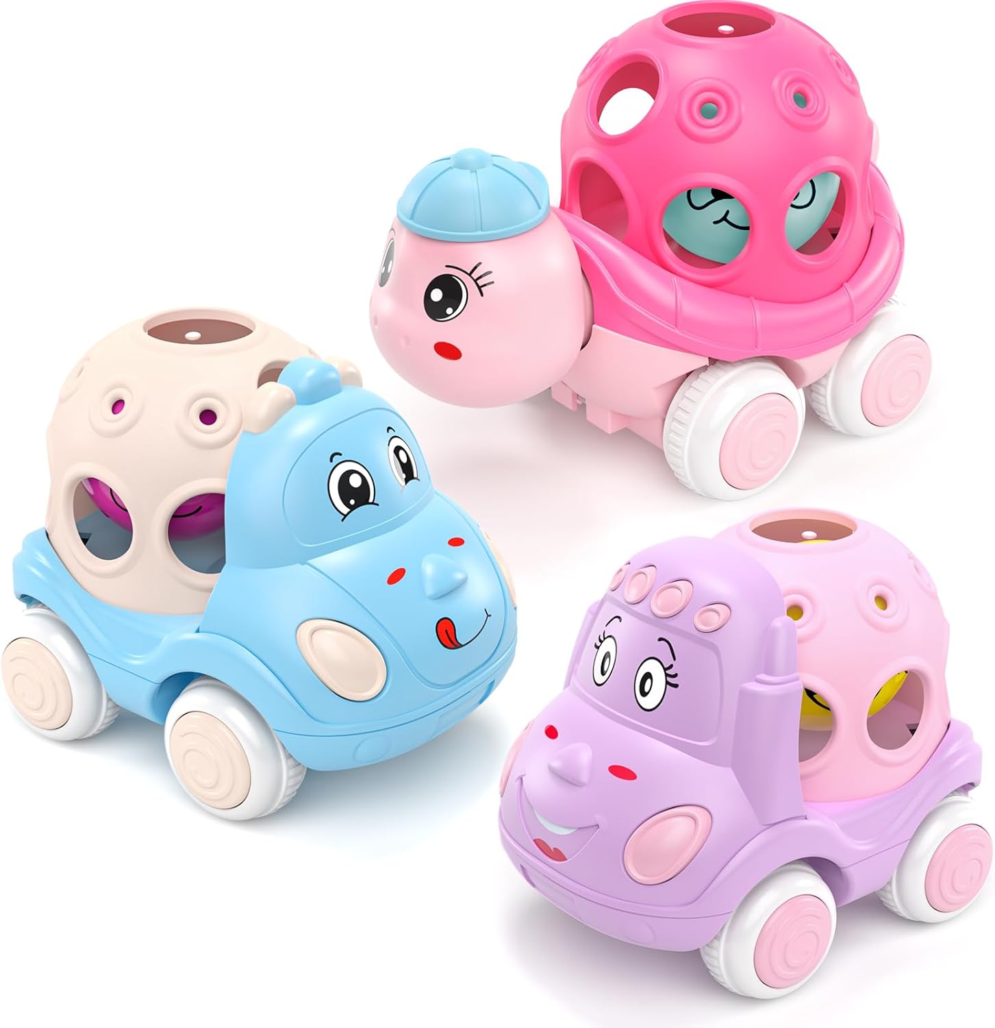 BeAndge baby girl toy cars set front view featuring pink turtle truck and crane toys.