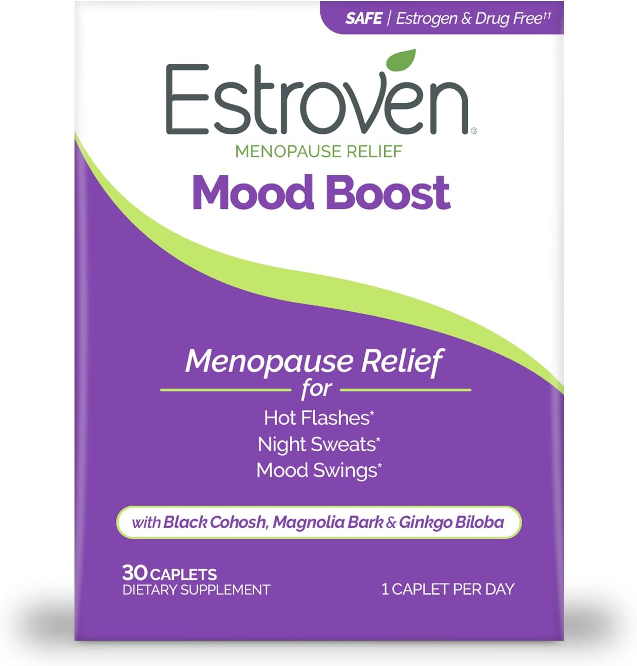Estroven Mood Boost for Menopause Relief 30 Count front packaging for hot flashes.