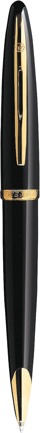 Waterman Carène ballpoint pen front view showcasing black lacquer and gold trim