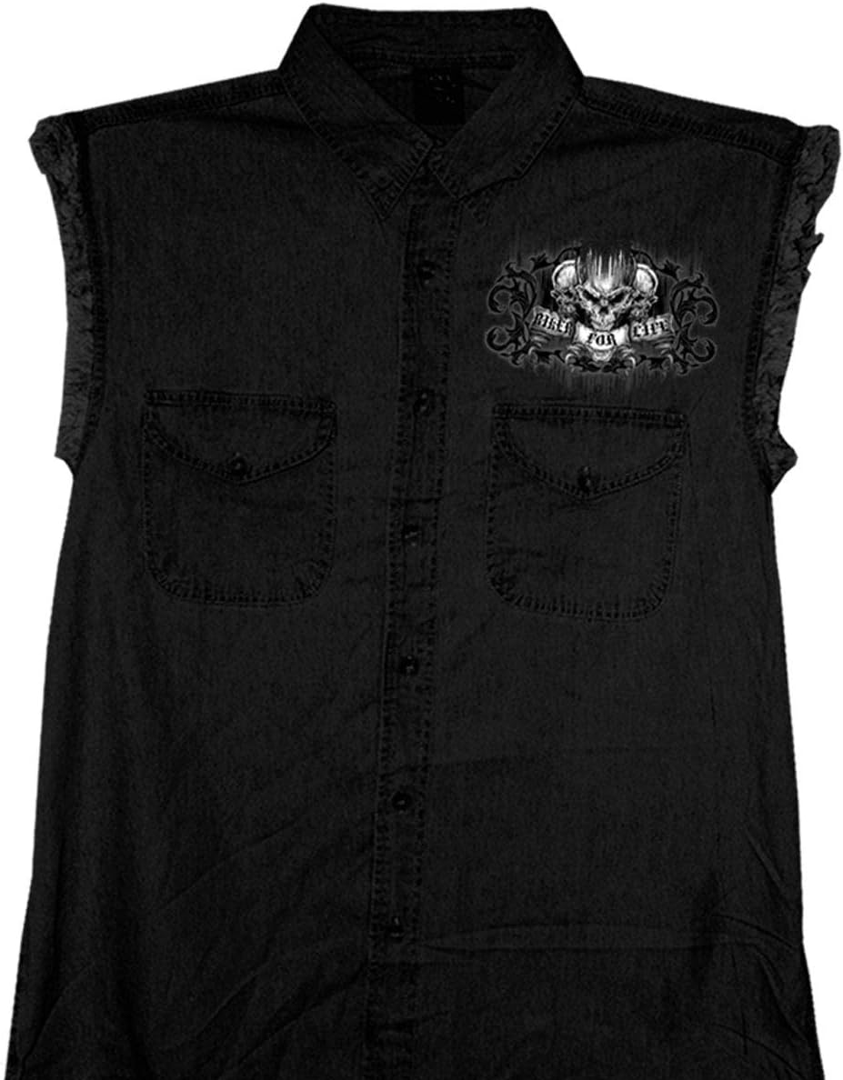 Hot Leathers Black Ride or Die Skull Sleeveless Denim Shirt front view showcasing button-down pockets.