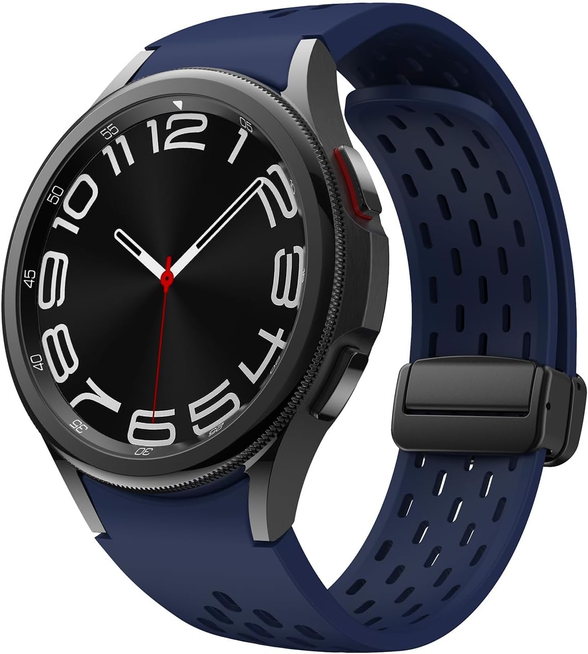 Close up of the seamless curved arc connector on the silicone watch strap.