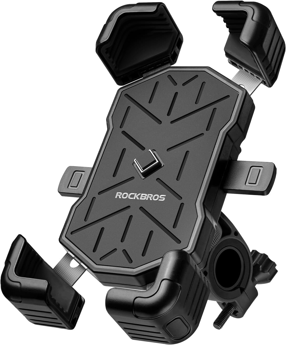 ROCKBROS bike phone holder front view showing the four corner clamping arms and orange mechanical center lock button.