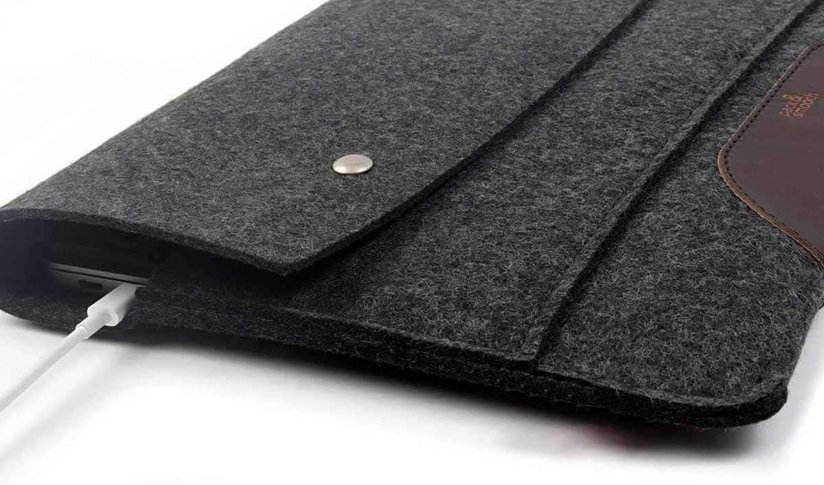 Pack And Smooch MacBook sleeve showing Italian leather accent