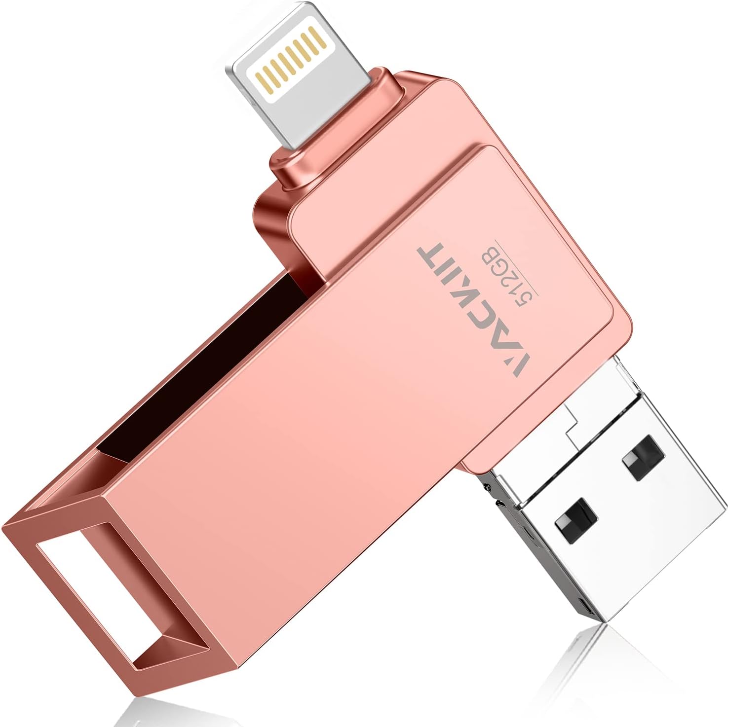 Vackiit MFi certified 512GB flash drive in metallic pink front view showing Lightning connector interface