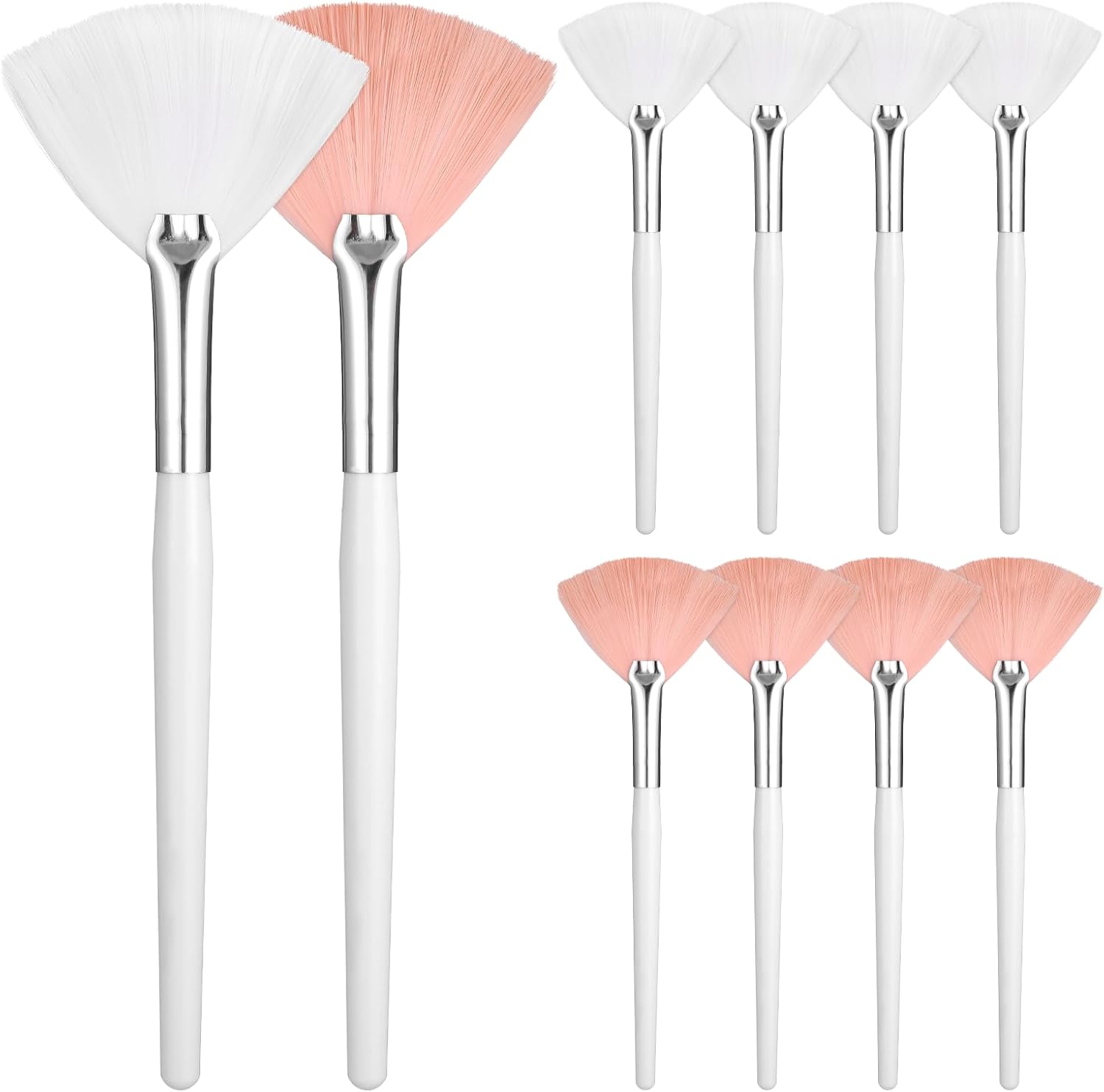 Tweruna 10 piece fan brush makeup set front view showing five pink and five white brushes