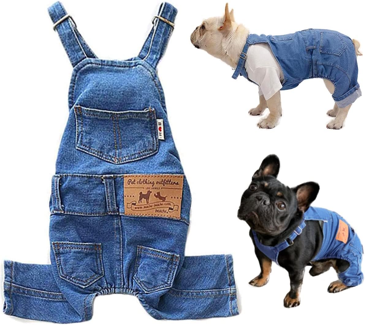 Tealots dog denim overalls front view on a small puppy.