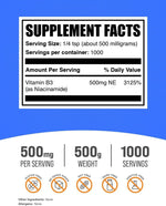 Pure unflavored Vitamin B3 powder from BulkSupplements poured out to showcase fine texture for DIY skincare.