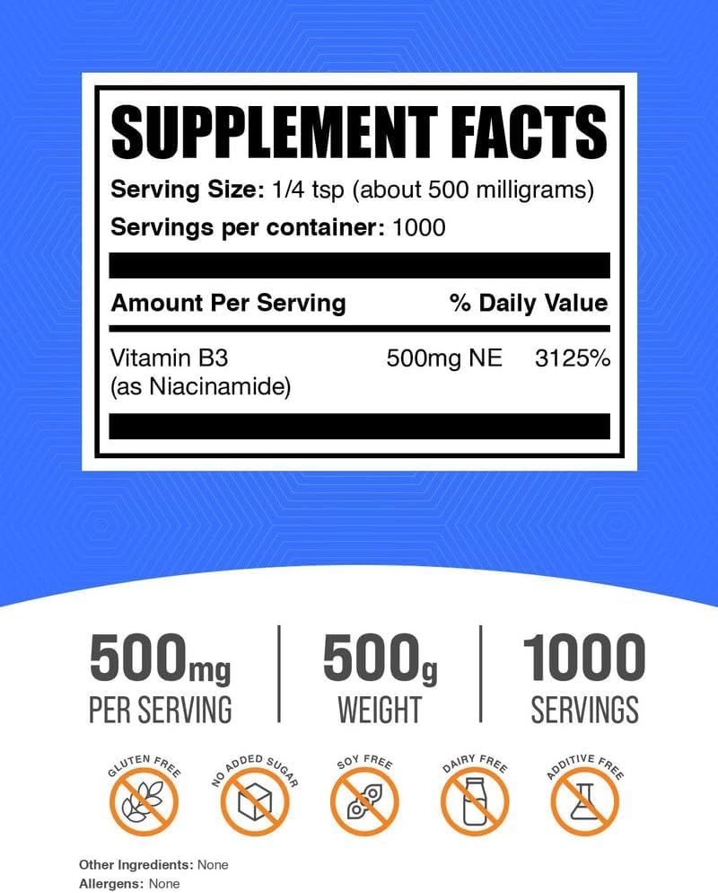 Pure unflavored Vitamin B3 powder from BulkSupplements poured out to showcase fine texture for DIY skincare.