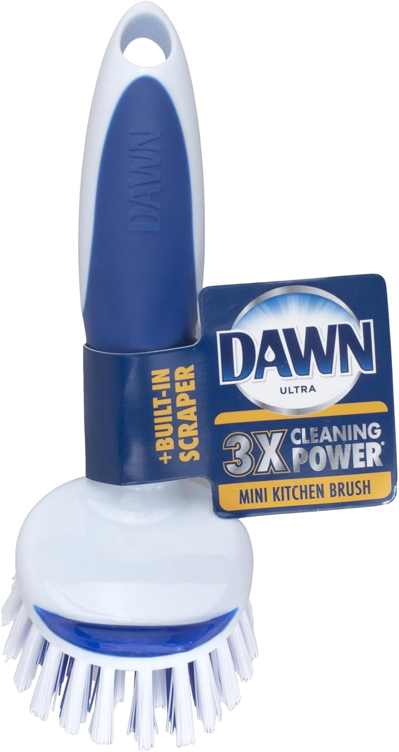 Dawn Mini Kitchen Brush USA import packaging and durable plastic scraper head view