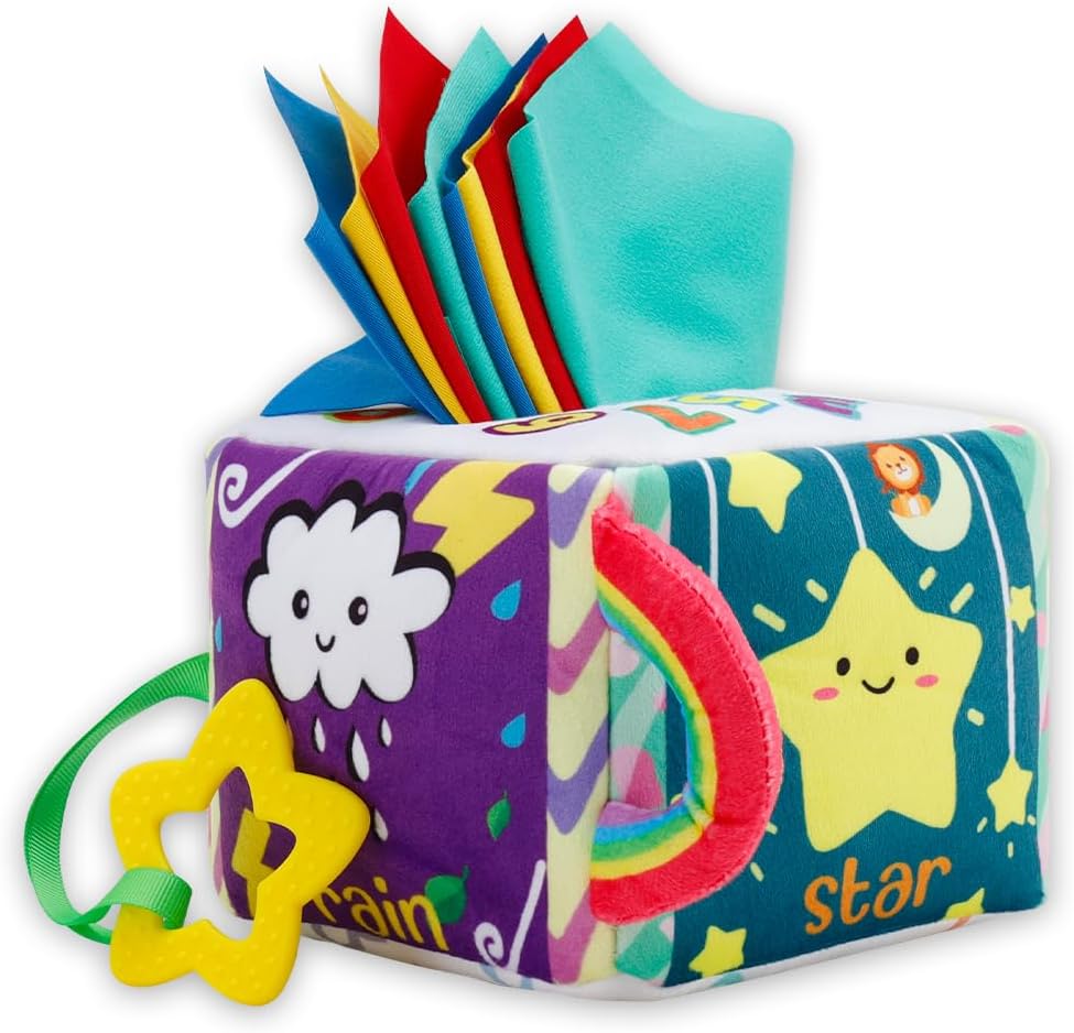 Vamotto tissue box toy for baby front view showing soft plush design with colorful scarves pulling out.