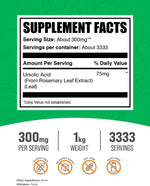 BulkSupplements Ursolic Acid Powder back label highlighting rosemary leaf extract ingredients.