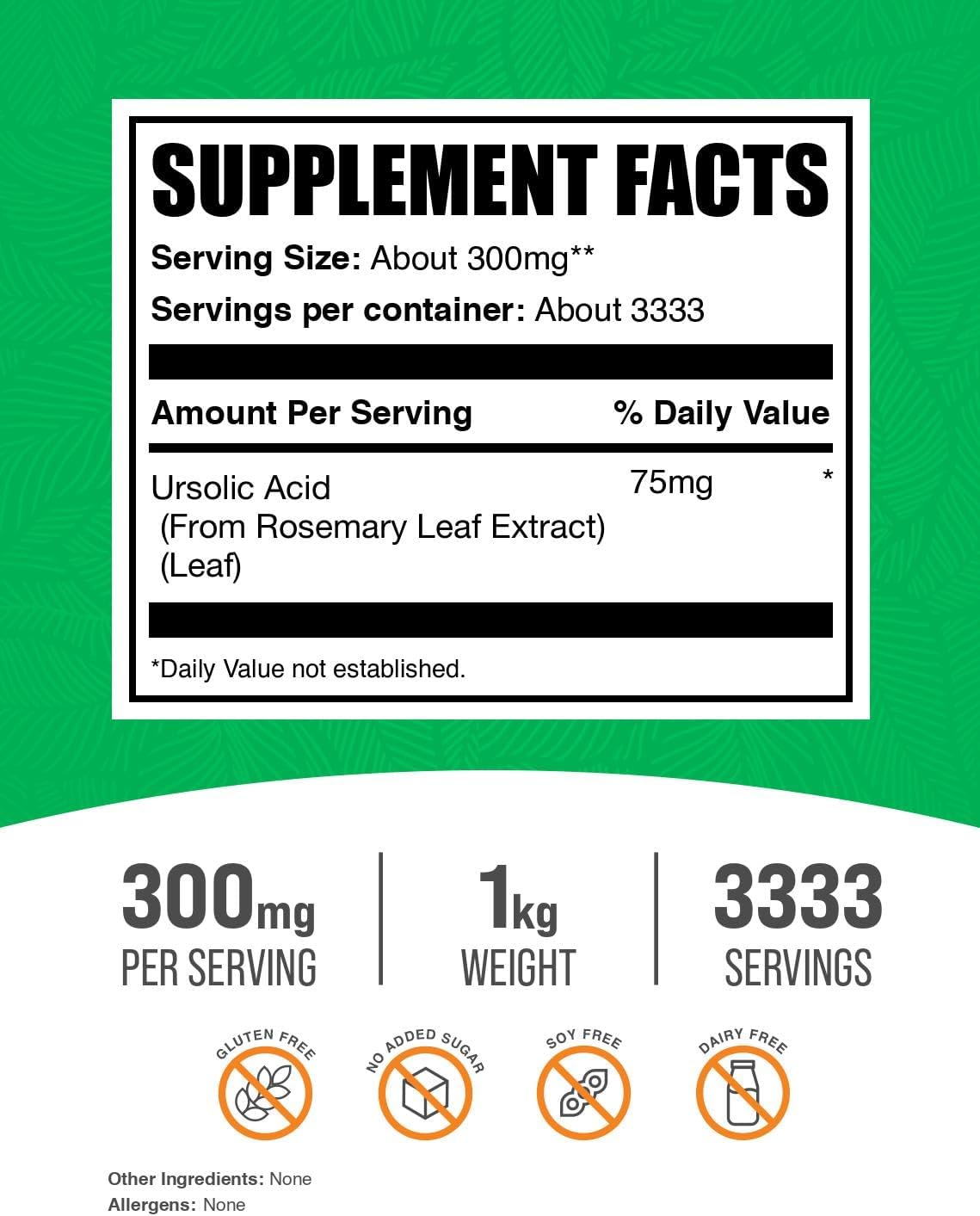 BulkSupplements Ursolic Acid Powder back label highlighting rosemary leaf extract ingredients.