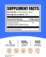 BulkSupplements Lactase Enzyme digestive powder nutrition facts and pure ingredients label.