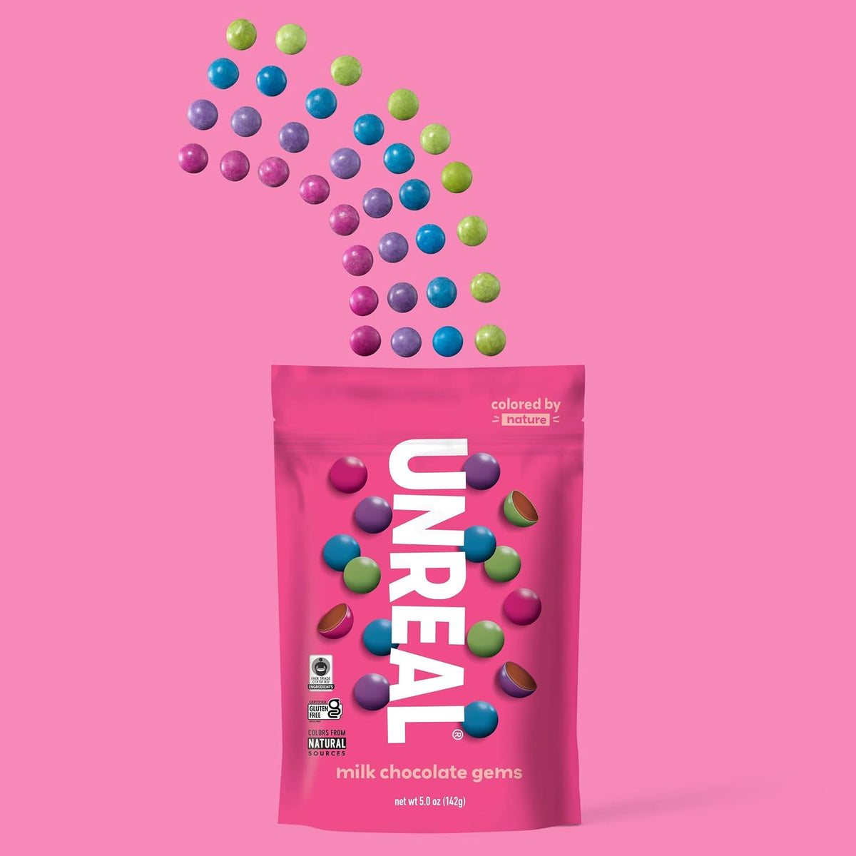 UNREAL low sugar milk chocolate gems clean ingredients certification label