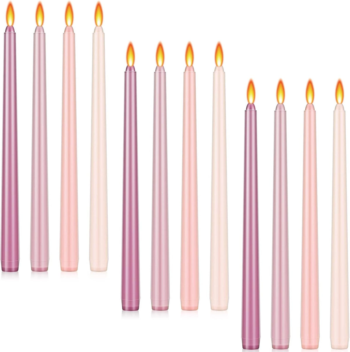 Threan long burning taper candles lit flame