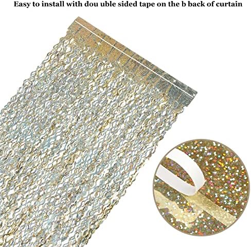 Delicate aluminum foil shimmer curtain installation view with adhesive tape backing.