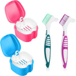 2 Pack Denture Brush Denture Bath Case Cup Retainer Cleaner Holder Box False Teeth Soaking Container Dental Bath Storage Box Case with Strainer Basket for Travel, Camping, Office (Blue+Pink) - Image 1