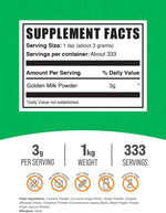 BulkSupplements turmeric and ginger golden milk powder bag label details with nutritional facts