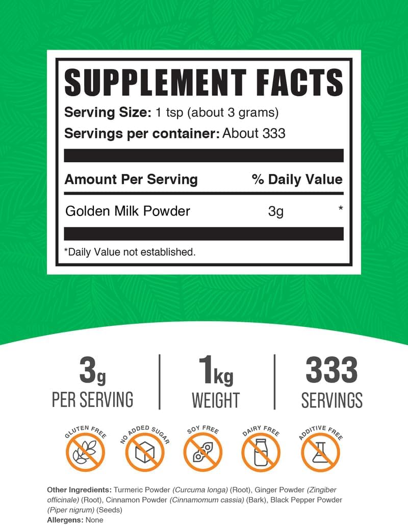 BulkSupplements turmeric and ginger golden milk powder bag label details with nutritional facts